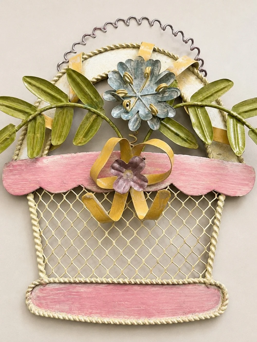 Shabby Chic Metal Flower Basket Wall Decor Cottagecore Farmhouse Accent